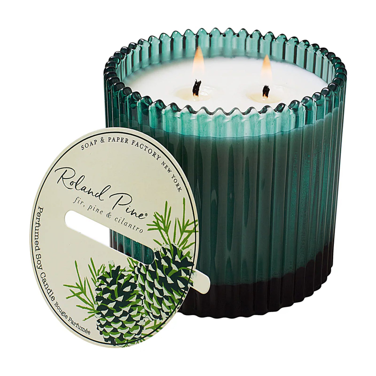 Roland Pine Two Wick Green Glass Candle