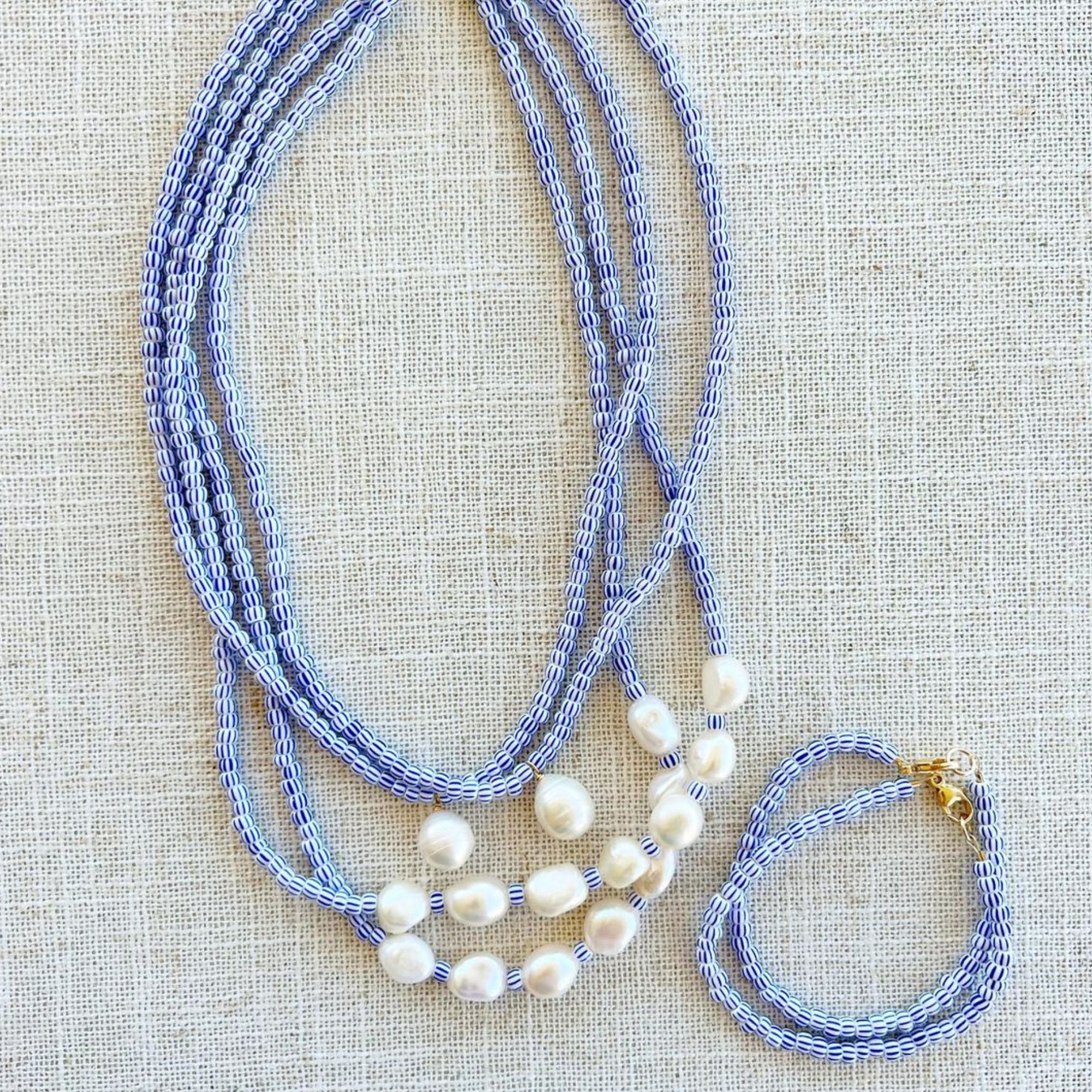 Blue And White Beads With Porcelain Pendant