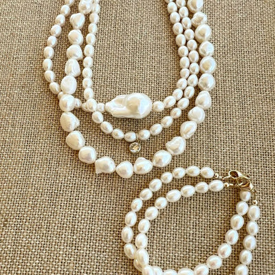 Rice Pearl with CZ Drop Necklace