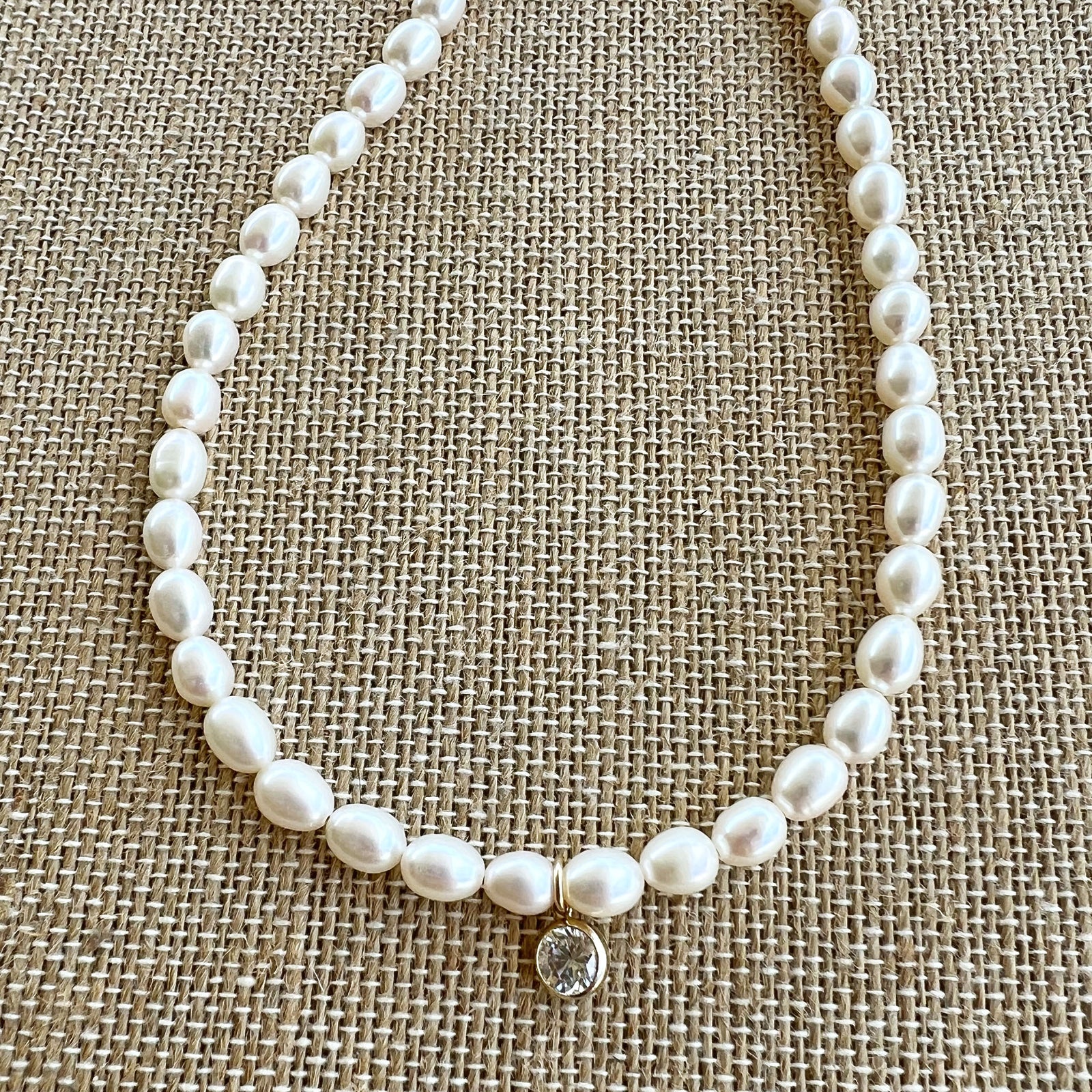 Rice Pearl with CZ Drop Necklace